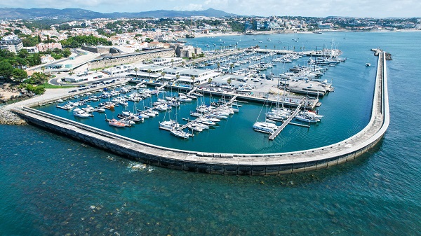 Aerial view from Santa Marta light house and Cascais marina with Cascais cityscape.Portugal
