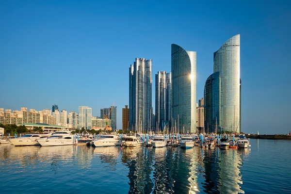Busan marina with yachts, Marina city skyscrapers with reflection, South Korea
