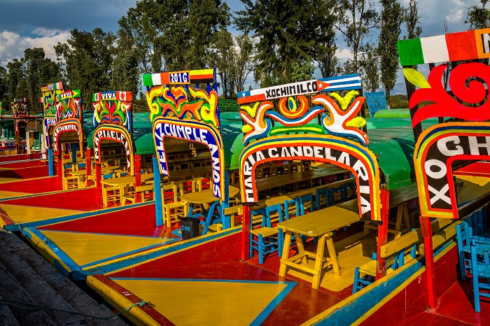 Colourful Mexican boats with women names at Xochimilco's Floatin