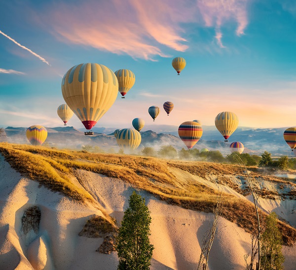 Hot air balloons flying over Cappadocia, Turkey